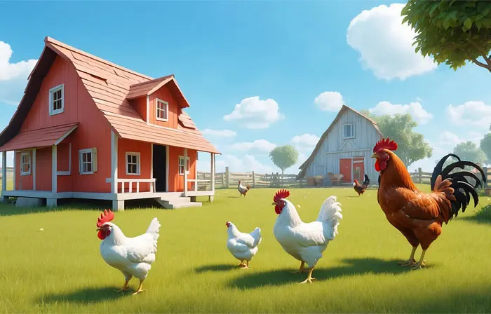 Chickens in Garden Scene Artwork in 3D Illustration